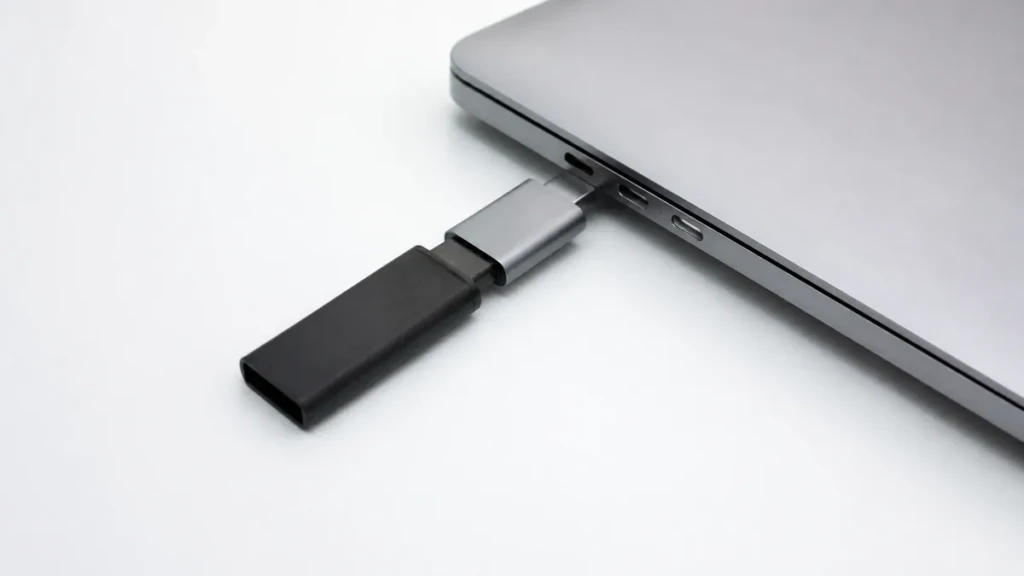 Une clé USB branchée sur un petit adaptateur USB-C, posée à côté d'un portable sur un bureau blanc