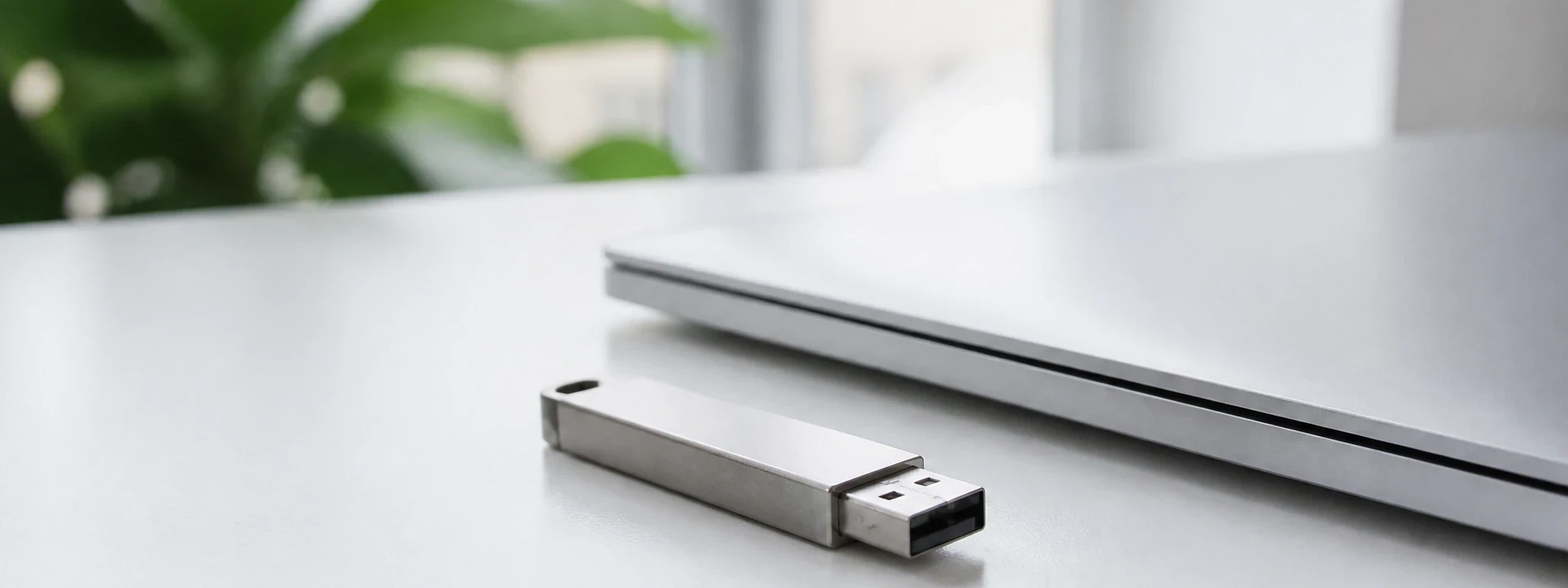 Une clé USB métallique posée sur un bureau blanc, devant la tranche d'un portable fermé
