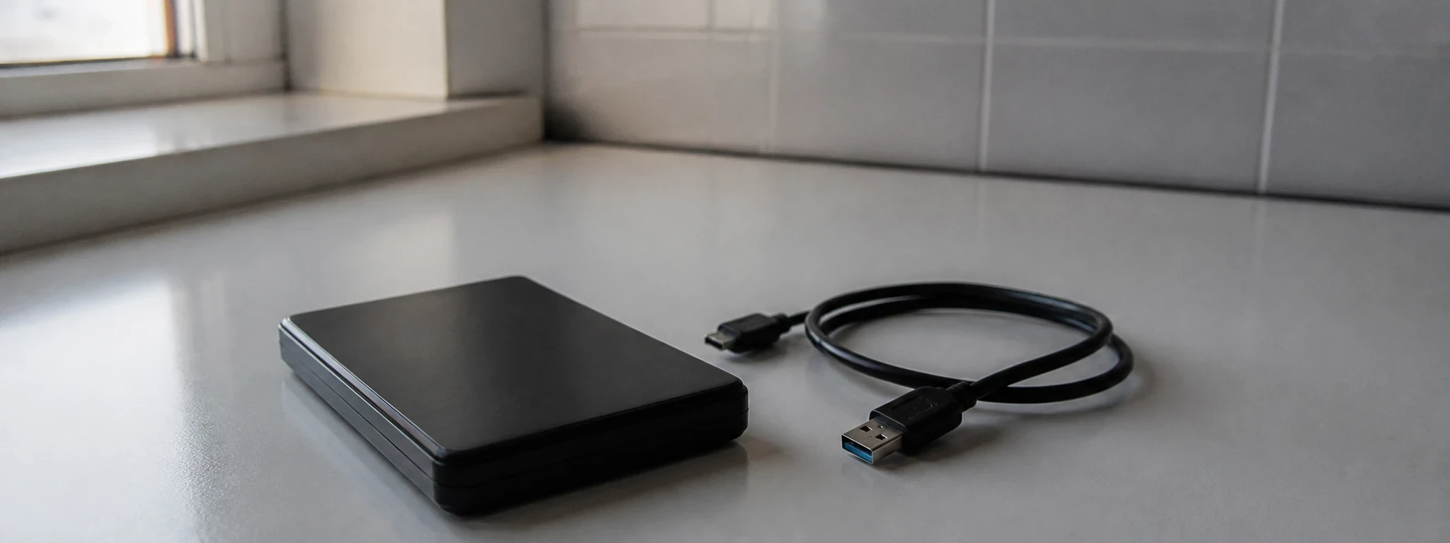 Un petit disque dur externe noir posé sur une table blanche, son câble USB débranché enroulé à côté