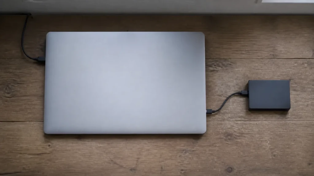 Vu du dessus, un portable fermé branché sur son chargeur, relié à un petit disque externe, sur un bureau en bois