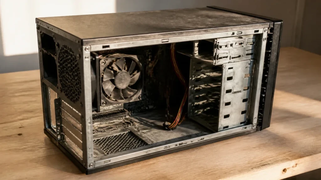 Une tour d'ordinateur ouverte sur un établi, son ventilateur et ses parois encrassés de poussière